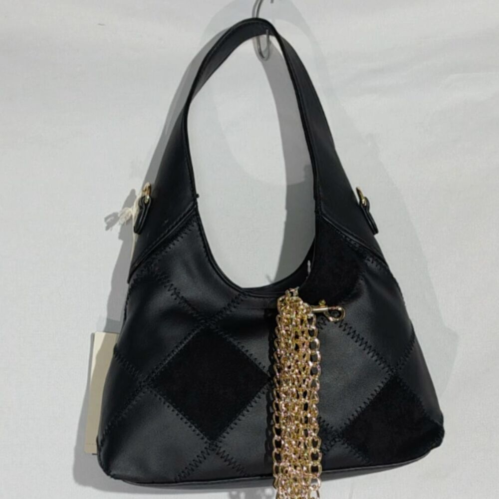 NWT Universal Thread Patchwork Faux Leather Shoulder Bag with Gold Chain Black